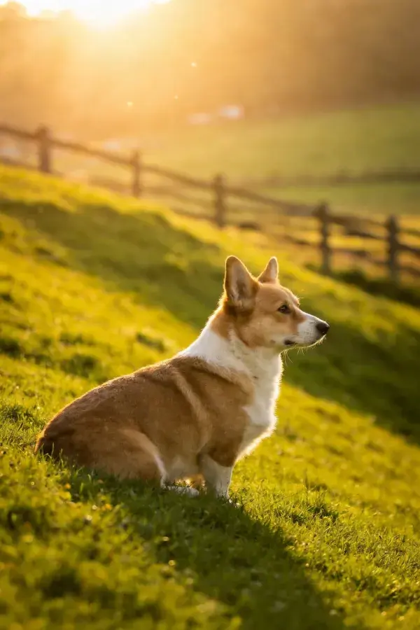 柯基犬静坐于阳光草地间