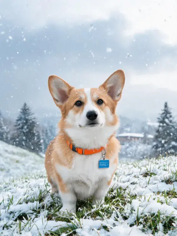 雪地草地上的威尔士柯基犬