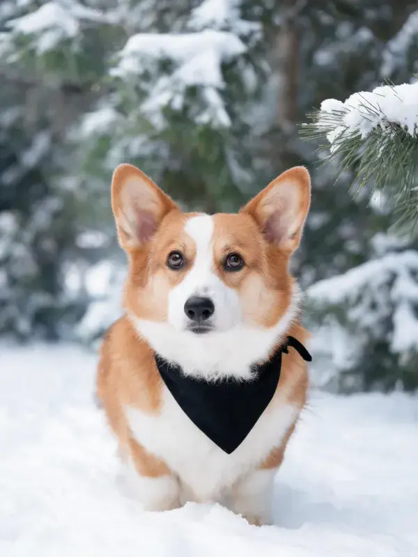 雪地森林中柯基犬的特写