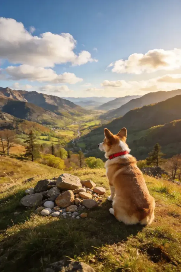 阳光山野间的柯基犬远眺美景