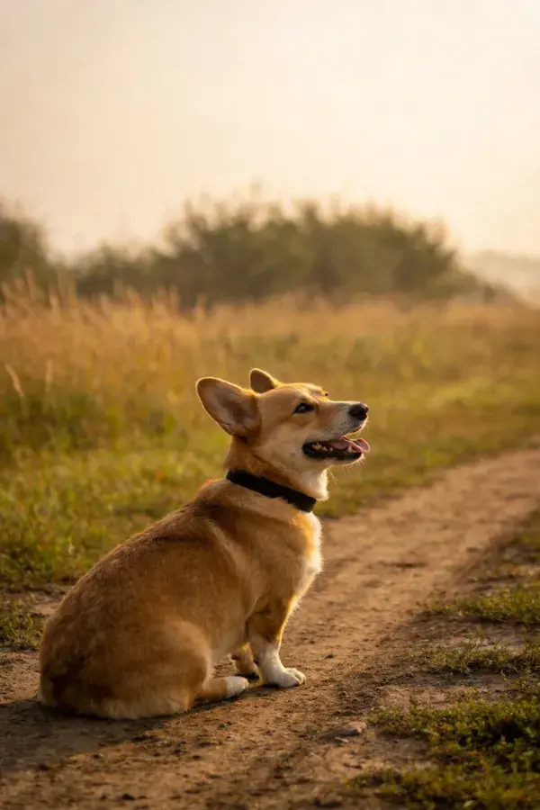 柯基犬坐在泥土小径上
