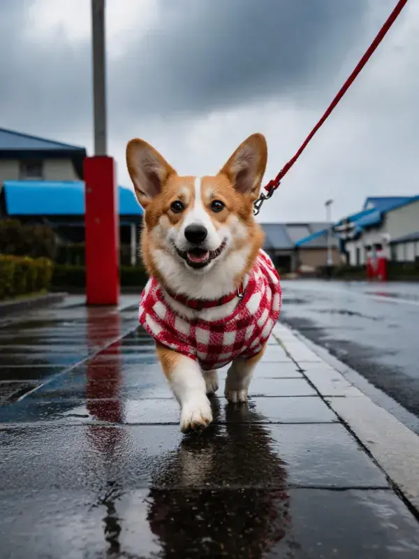 雨天街道上穿着格纹外套的柯基犬特写