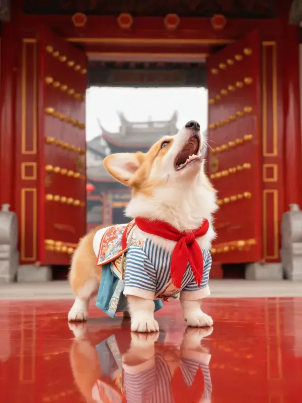 古庙红门前身着传统服饰的柯基犬