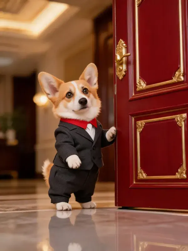 柯基犬穿西装推门瞬间