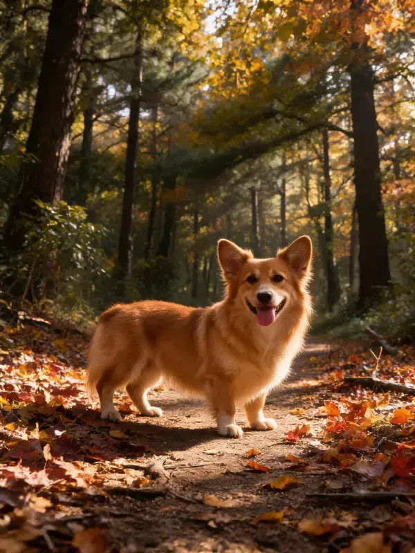 森林秋日小径上的威尔士柯基犬