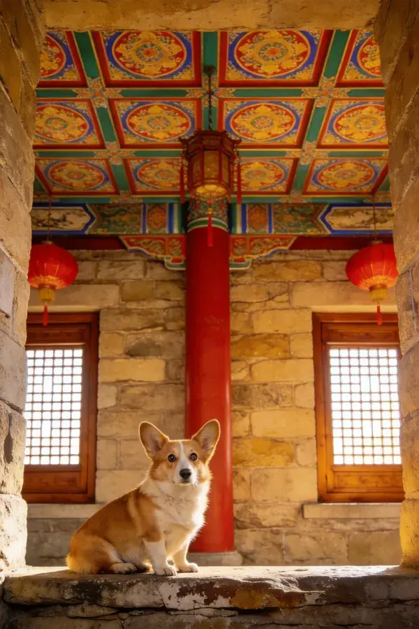 柯基犬于古建室内空间