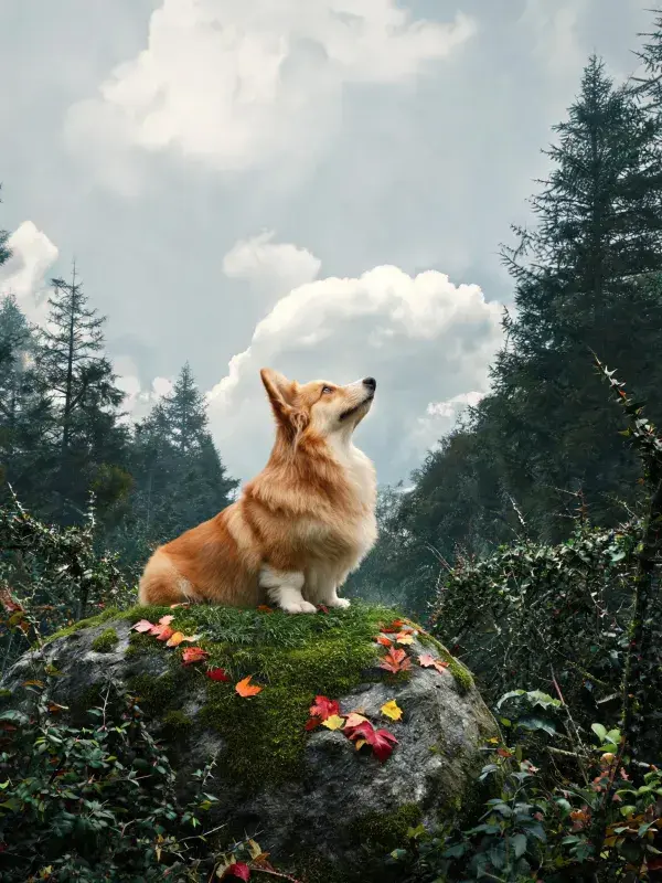森林岩石上坐着的柯基犬