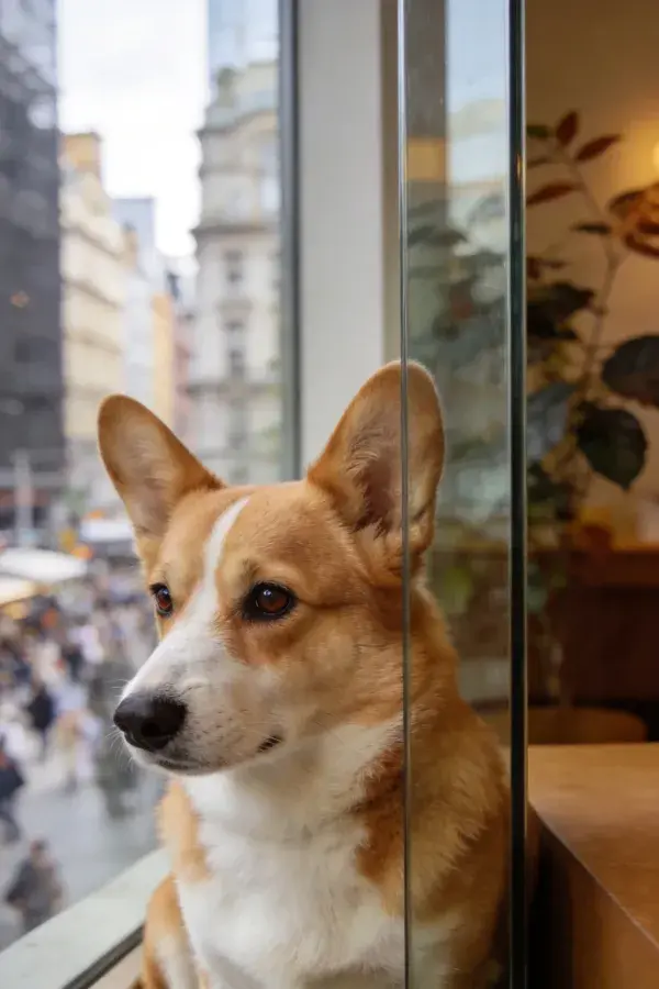 窗边棕白柯基犬观察街景