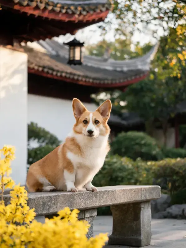 中式古建园林中柯基犬静坐