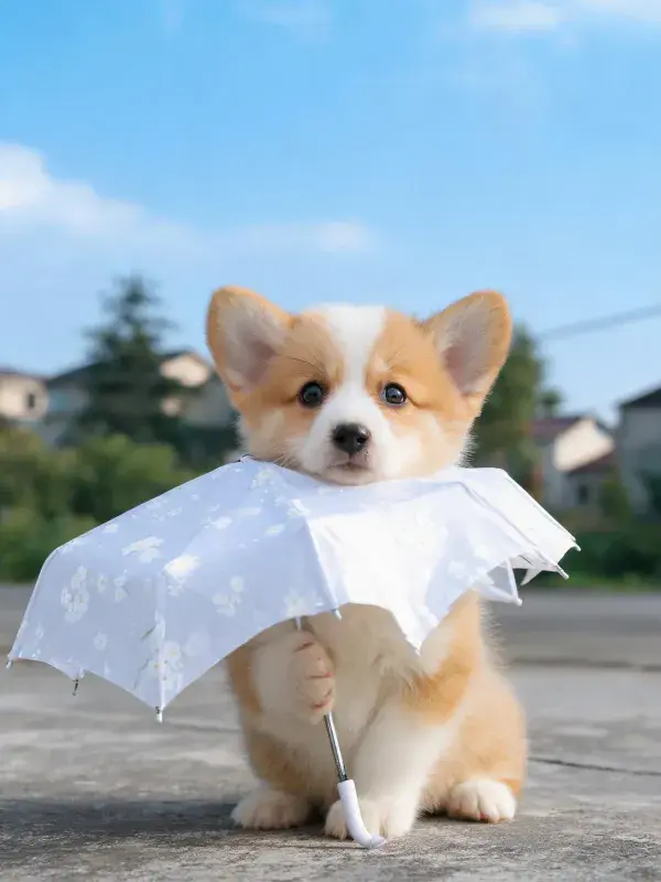 户外场景中柯基幼犬持伞的画面