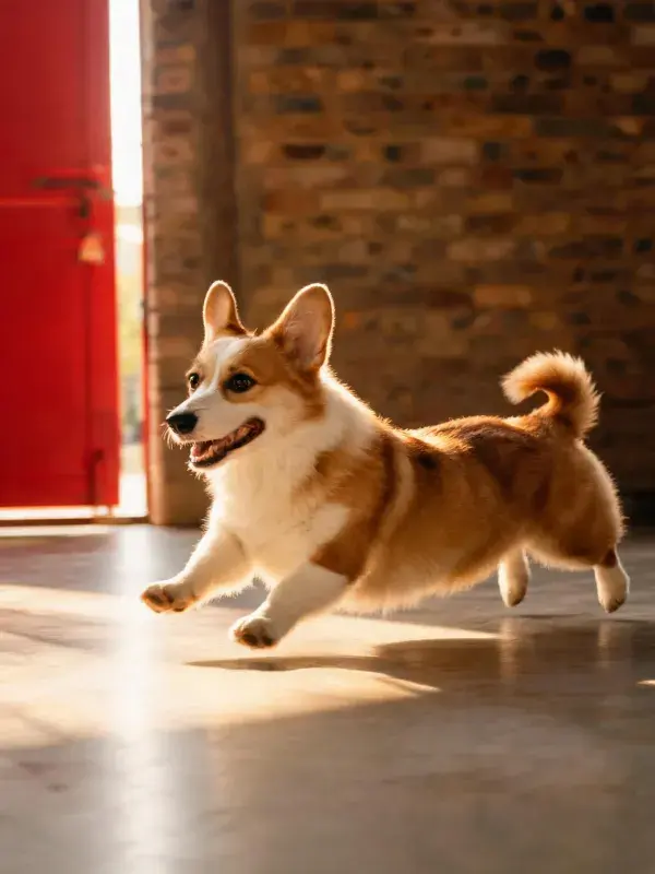 室内环境中跳跃的柯基犬