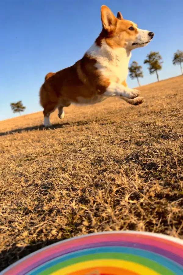 干燥草地上的柯基犬跳跃瞬间