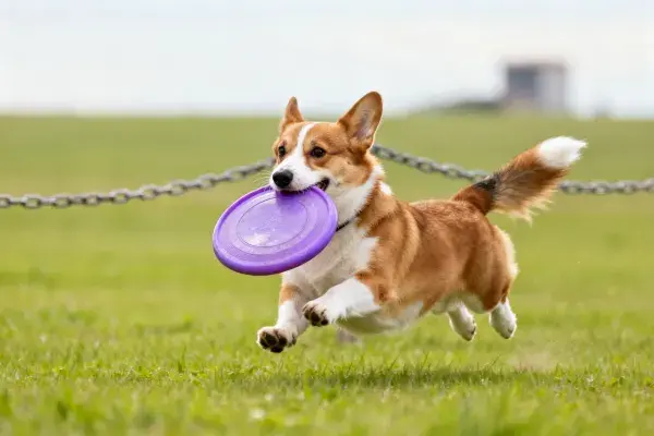 柯基犬叼飞盘奔跑于草地