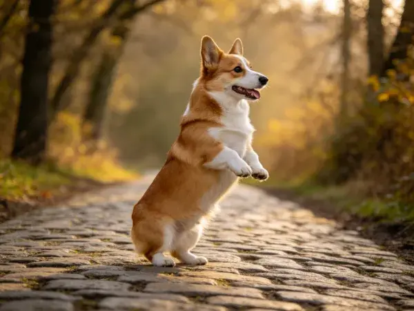 林间石板路上的威尔士柯基犬
