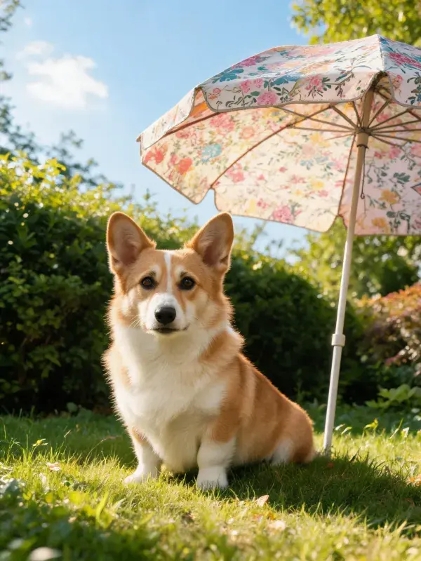阳光草坪下的柯基犬休憩场景