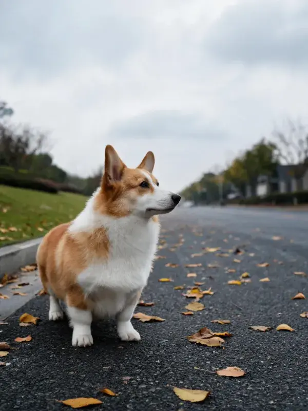 道路落叶间观察的威尔士柯基犬