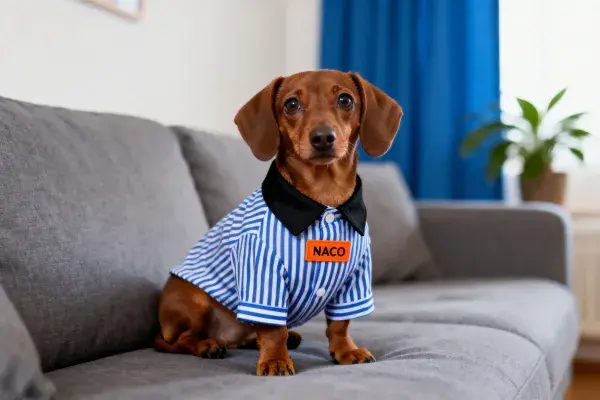 灰色沙发上穿蓝白条纹衬衫的腊肠犬