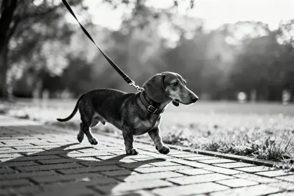 腊肠犬在砖石小径漫步