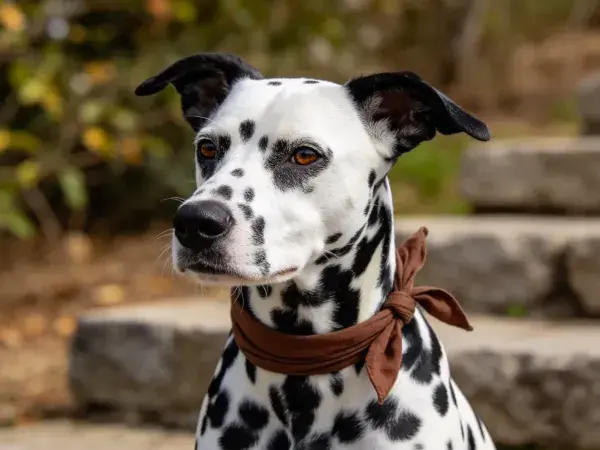 达尔马提犬佩戴围巾于石阶旁场景