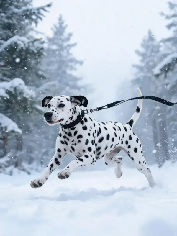 雪地森林中奔跑的大麦町犬