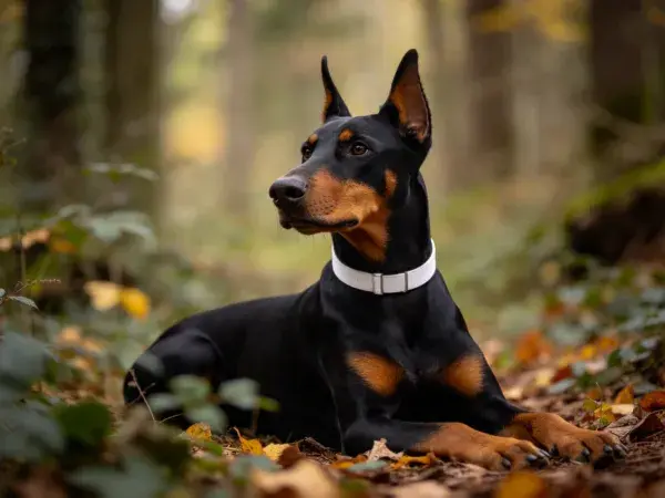 森林落叶间杜宾犬休憩场景