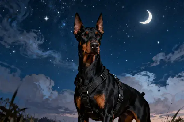 夜空下杜宾犬的特写场景