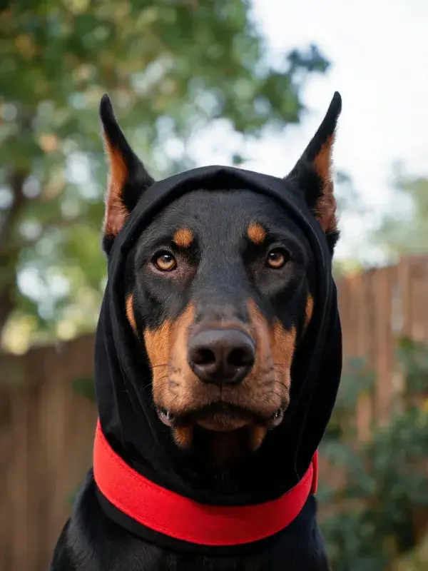 户外花园中戴遮阳帽的杜宾犬