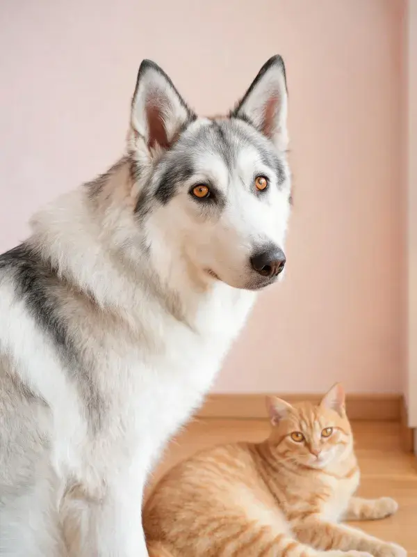 室内宠物同框场景之西伯利亚雪橇犬与橘猫