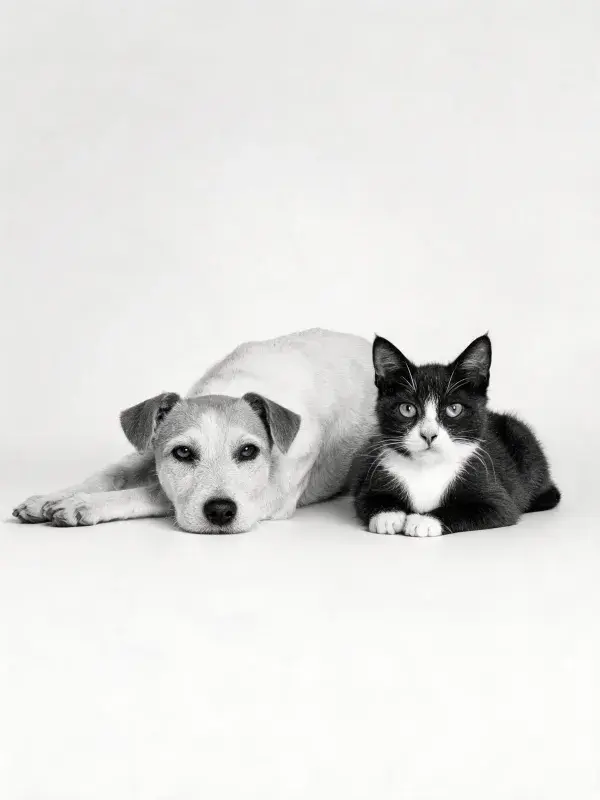 黑白边境牧羊犬与玳瑁猫的安静陪伴场景