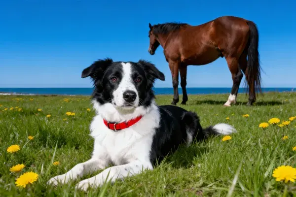 阳光草地上的边境牧羊犬与马