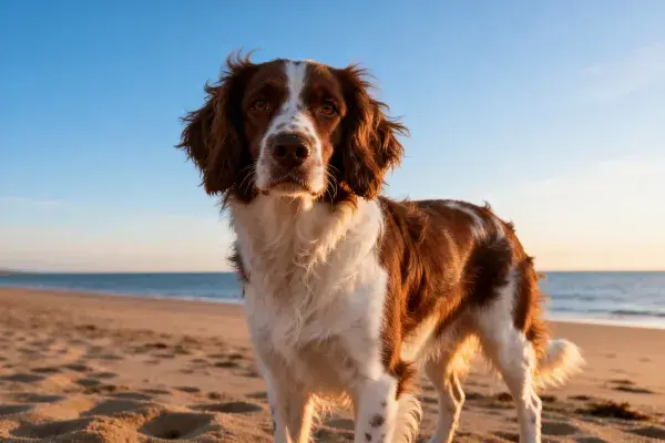 英国史宾格犬海滩站立特写镜头