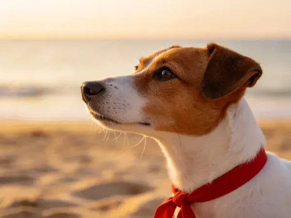 海滩边观察的杰克罗素梗犬特写