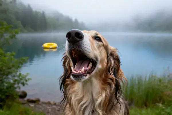 苏俄猎狼犬于雾中湖畔张嘴瞬间