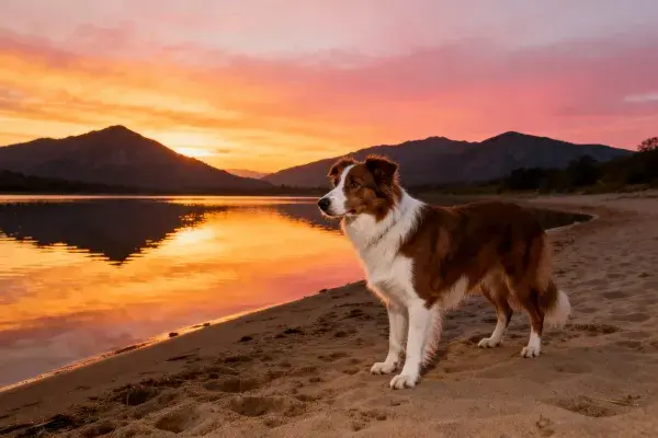 边境牧羊犬伫立沙滩夕阳下