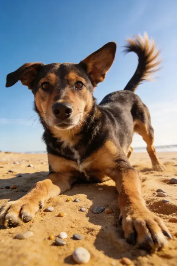 阳光沙滩上的黑棕相间混种犬近景
