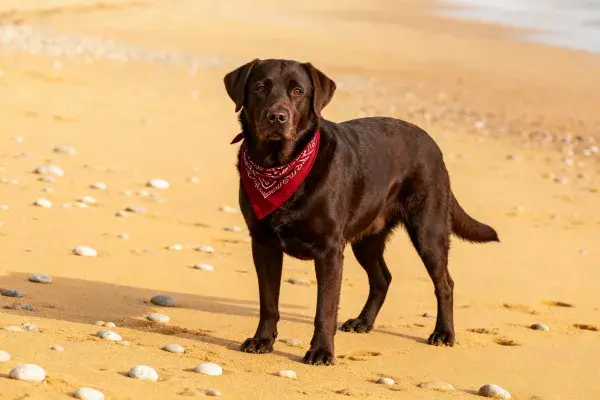 沙滩上的巧克力色拉布拉多犬