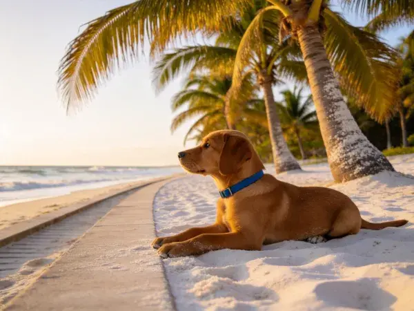 拉布拉多犬趴卧海滩椰林下