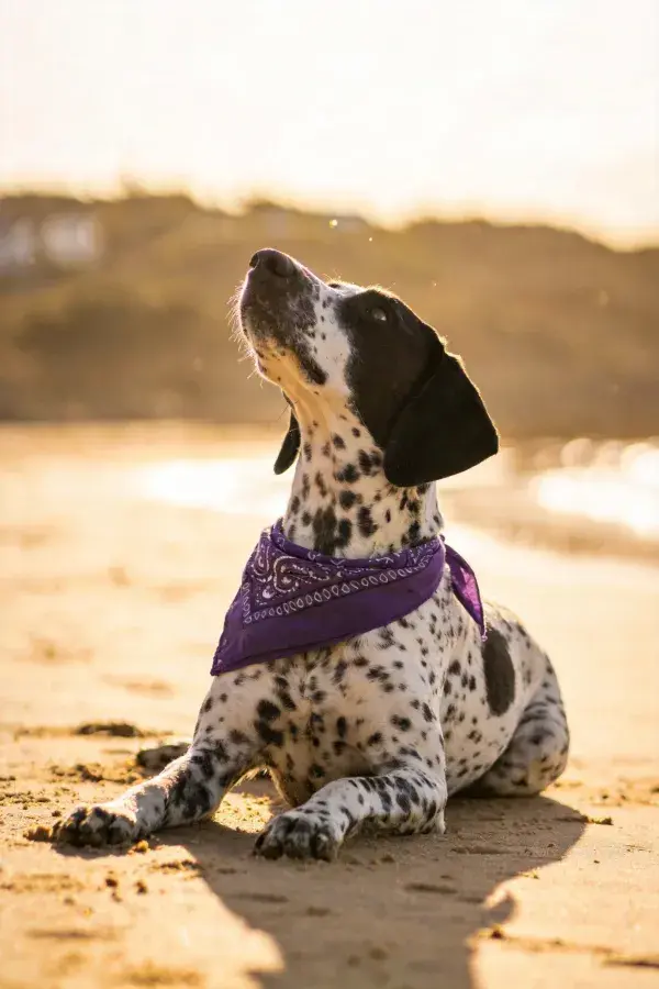 阳光沙滩上的斑点指示犬休憩画面
