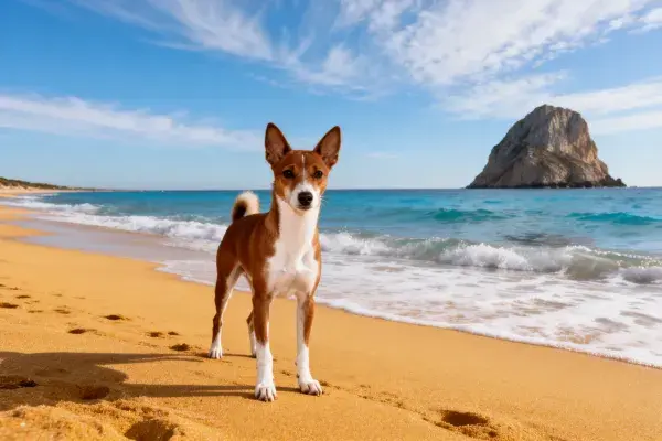 巴森吉犬漫步沙滩海岸
