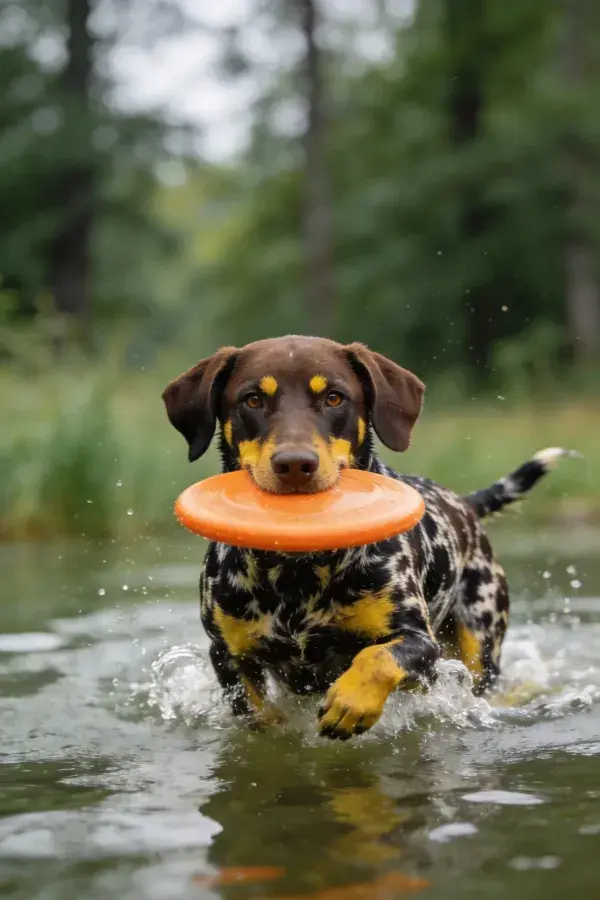 水域中叼飞盘的斑点猎犬