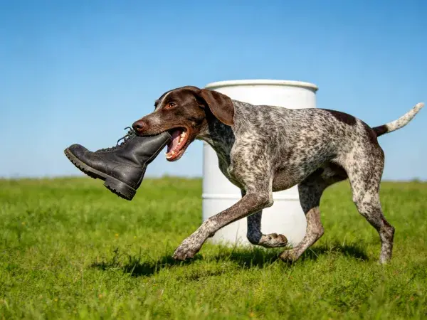 德国短毛波音达犬叼靴子于草地场景