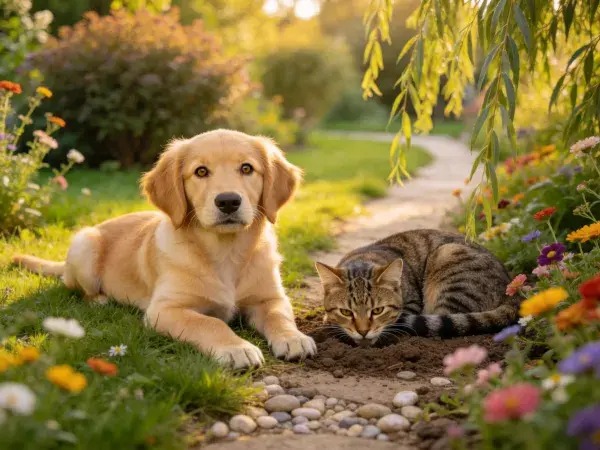 花园小径旁金毛幼犬与短毛家猫相伴场景