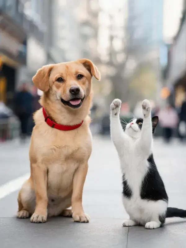 浅棕色短毛犬与黑白短毛猫的城市街互动场景