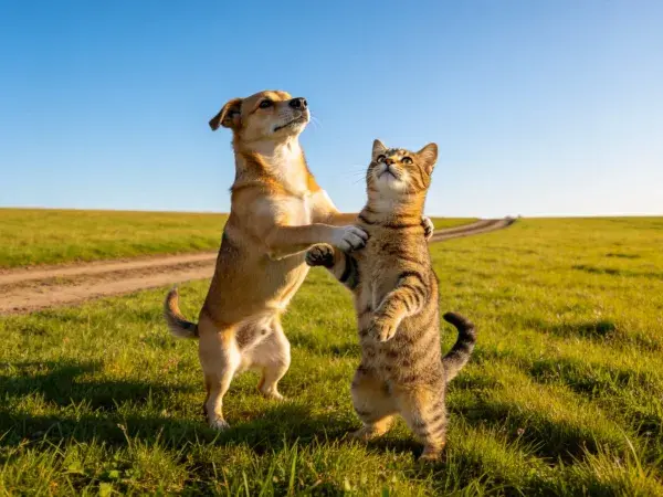 草原上短毛家猫与小型犬互动场景