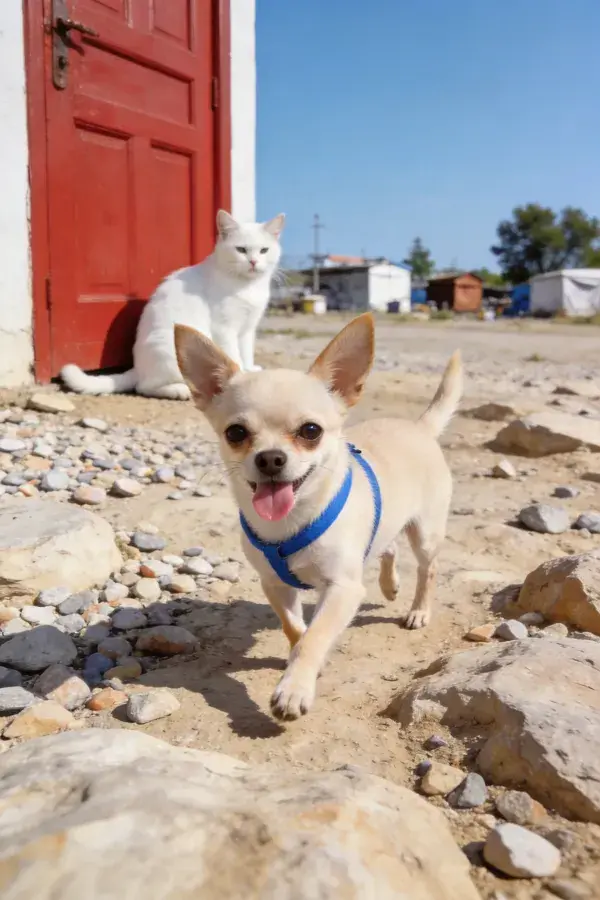 吉娃娃犬在户外岩石场景中奔跑