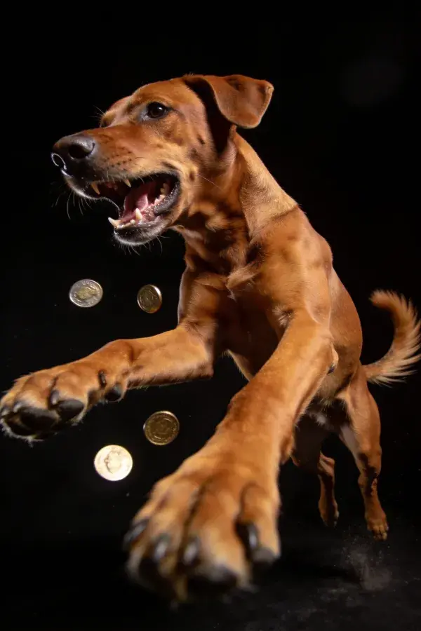 罗得西亚脊背犬跃向空中硬币瞬间