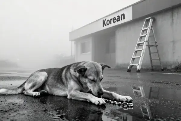 雾天街道旁的中型混血牧羊犬