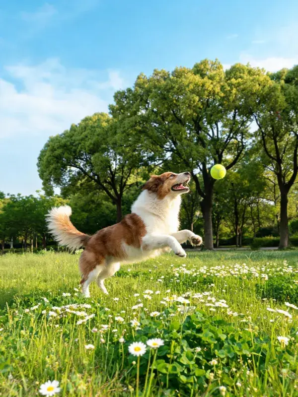 边境牧羊犬跳跃接球于草地公园