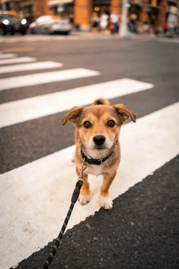 斑马线上的混血小型犬