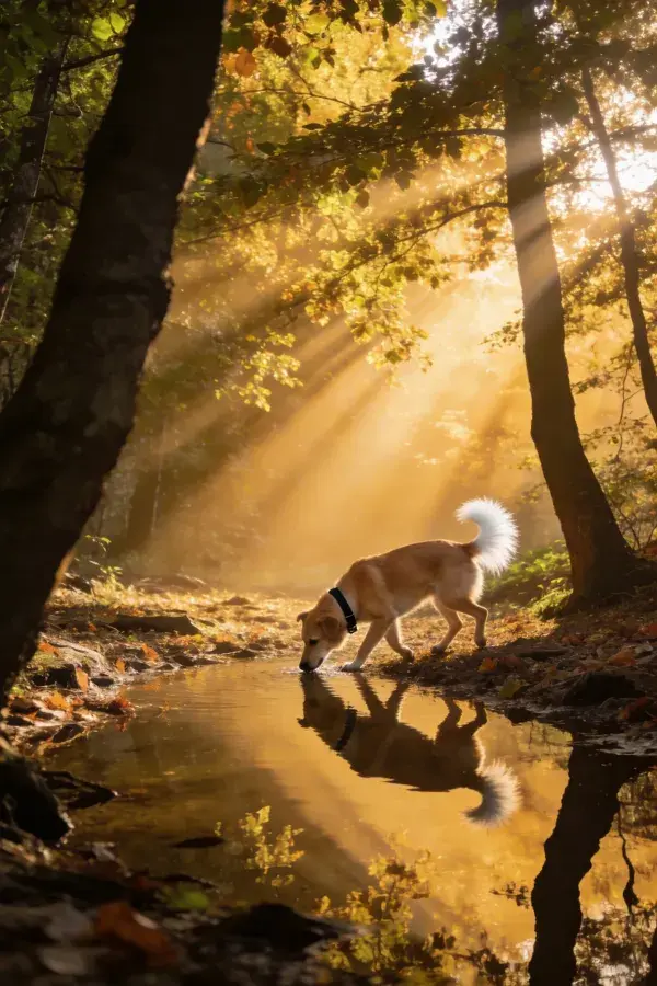 阳光下的溪边柴犬饮水场景